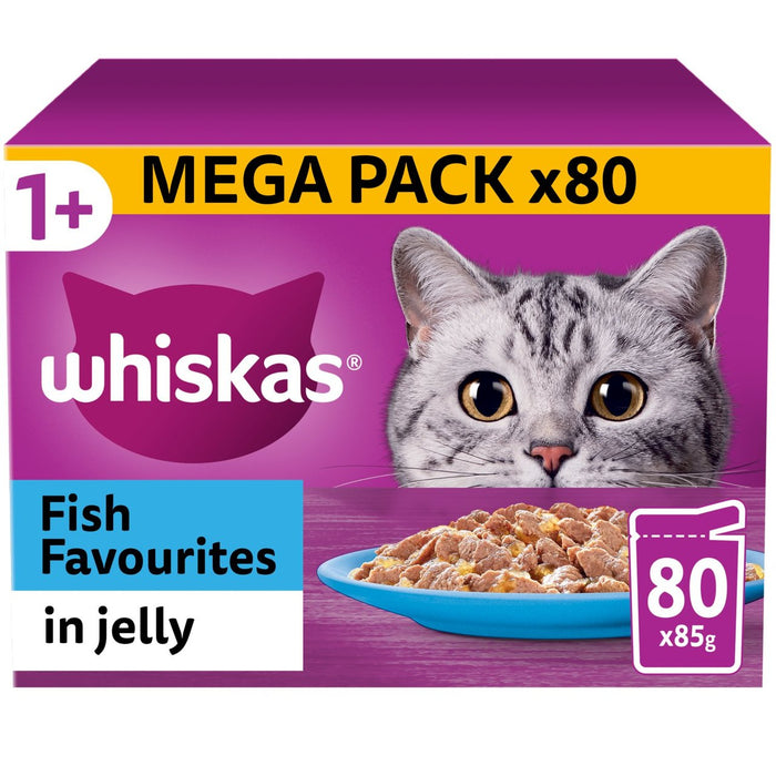 Whiskas 1+ Erwachsene nasse Katzenfutterbeutel Fischfavoriten in Gelee 80 x 85 g