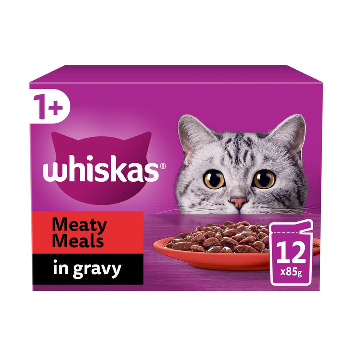 Whiskas 1+ Erwachsene nasse Katzenfutterbeutel fleischige Mahlzeiten in Soße 12 x 85 g